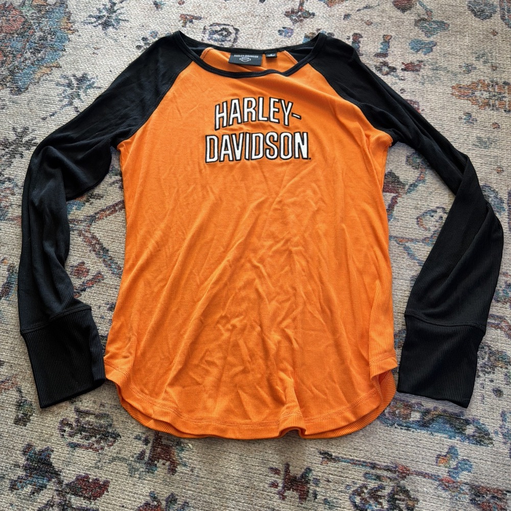 Harley Davidson WOMEN'S LONG SLEEVE RAGLAN ORANGE & BLACK Medium